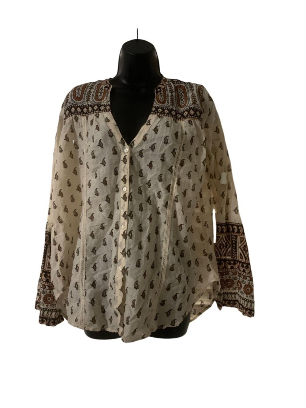 Billabong Boho-Style Button-Down Paisley Print Cotton Blouse With Bell Sleeves &